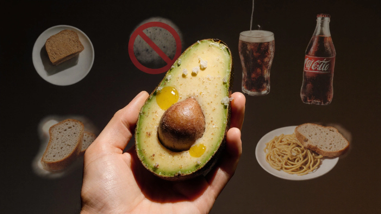 Half an avocado with olive oil and salt, surrounded by fading images of bread, pasta, and soda.