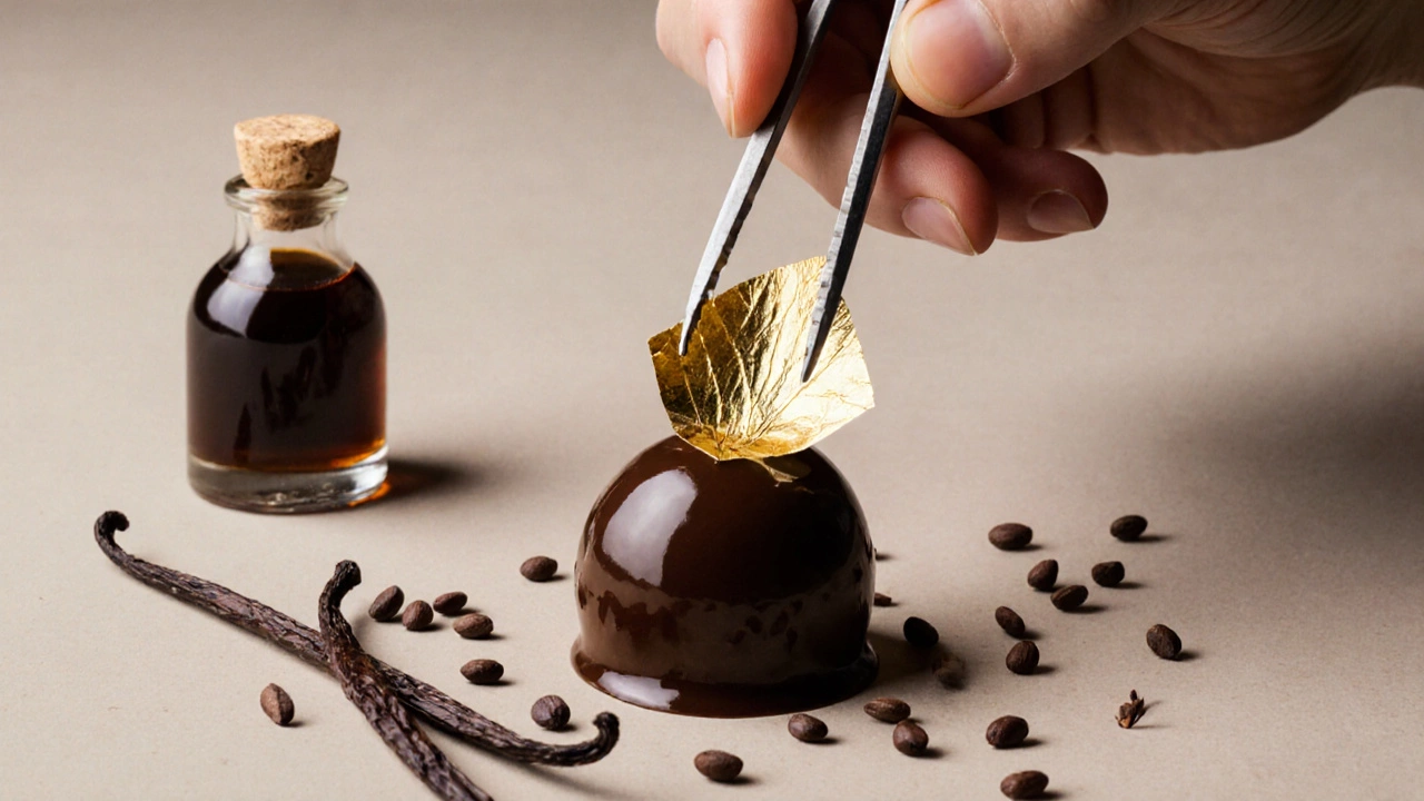 Hand placing edible gold leaf onto a dark chocolate ganache truffle with vanilla beans nearby.