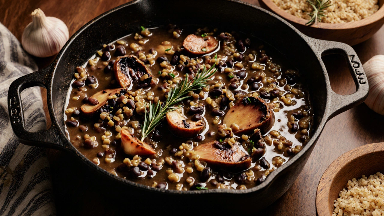 Lentil and mushroom stew with quinoa in a wooden bowl