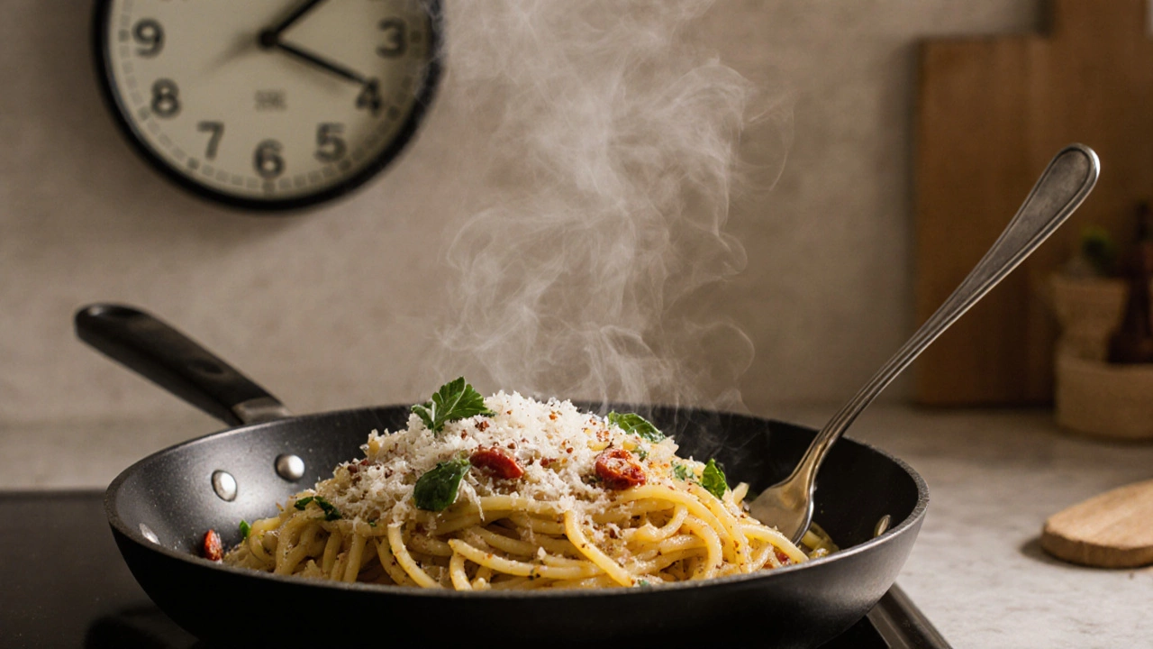 One-pan garlic chili pasta with parmesan, steam rising, next to a fork and a clock showing 6:15 p.m.