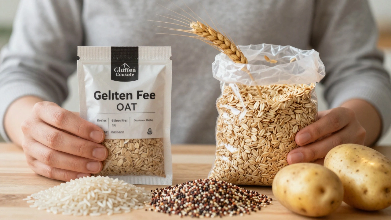 Certified gluten-free oats next to contaminated oats, with safe grains glowing in background.