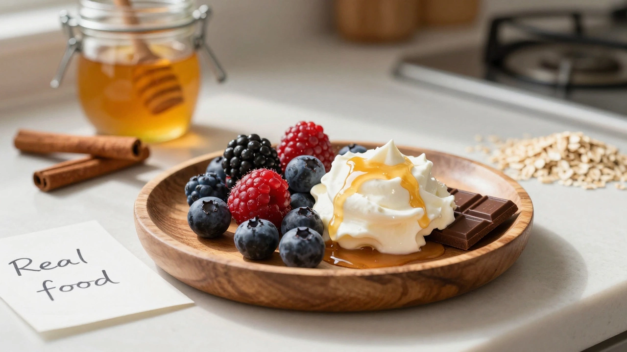 Fresh berries with whipped cream and dark chocolate on a wooden plate in natural light.