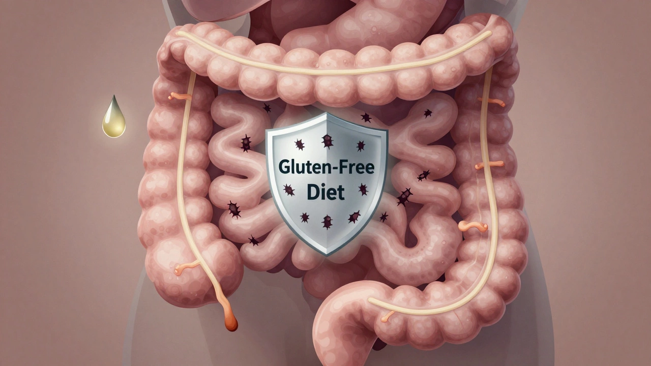 Illustrated digestive tract with gluten proteins blocked by a shield labeled 'Gluten-Free Diet', ACV droplet nearby.