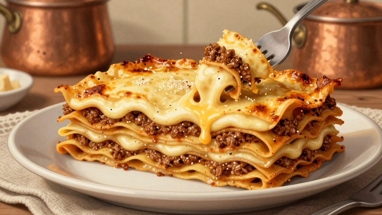 Layered lasagna with ragù, béchamel, and Parmesan, sliced to show traditional Bolognese layers.