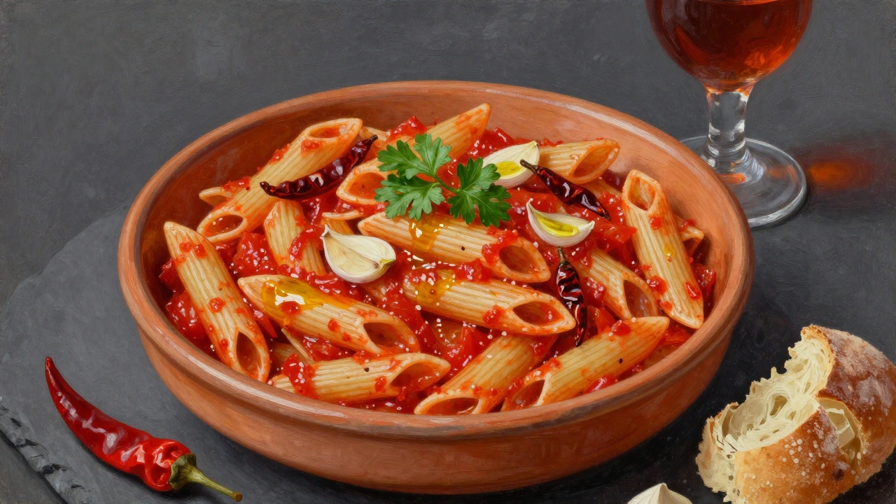 Penne arrabbiata in a terracotta dish with spicy tomato sauce and olive oil drizzle.