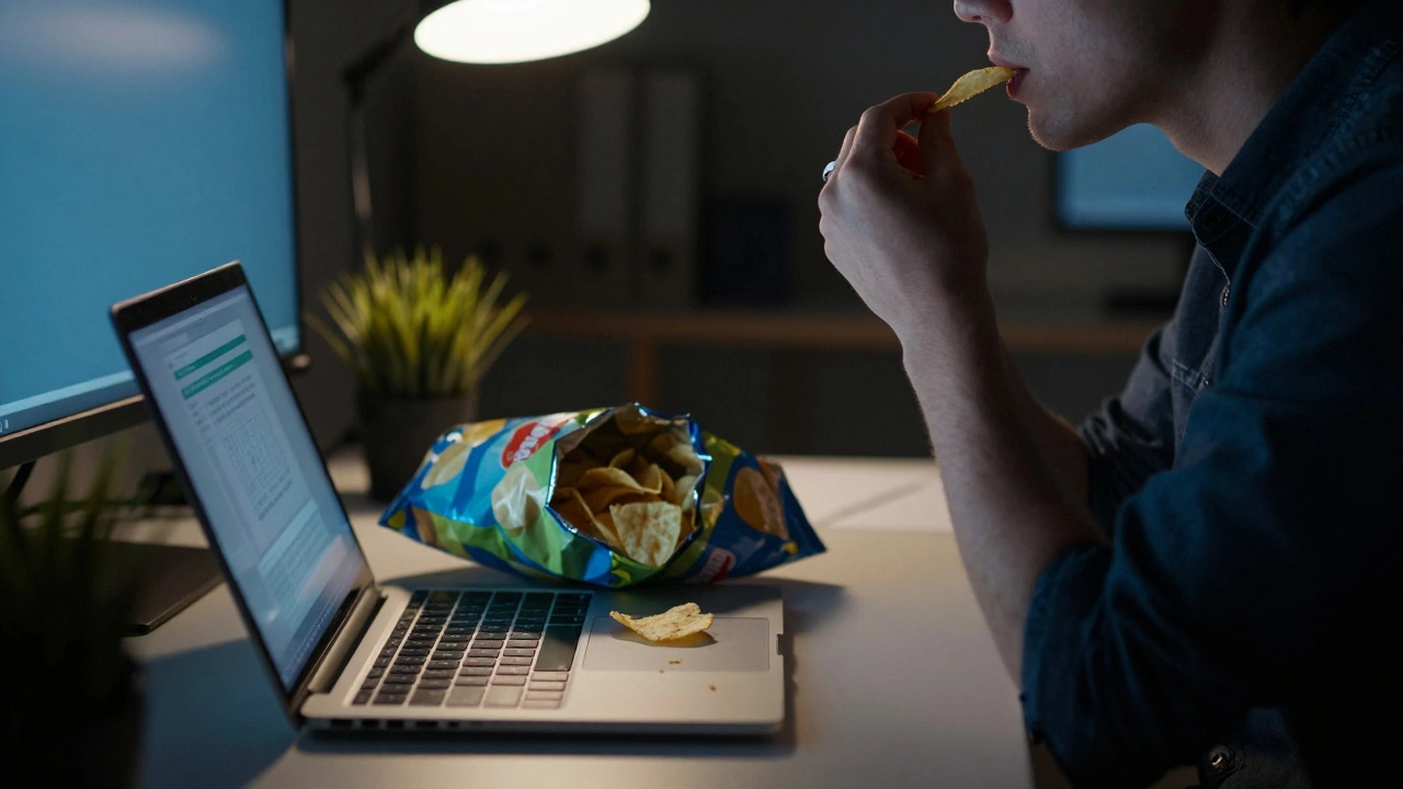 Person eating potato chips at a desk at night, crumbs on laptop