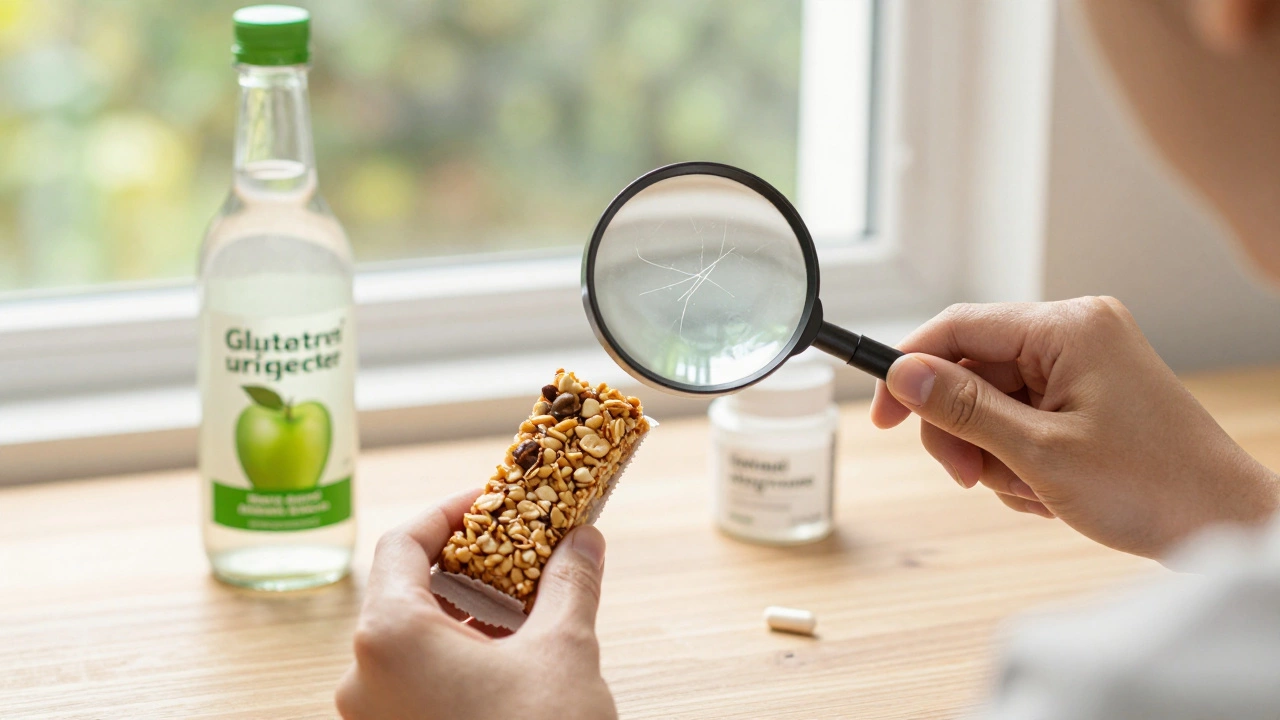 Person examining a gluten-free granola bar with hidden inulin fibers, ACV bottle and probiotic capsule on table.