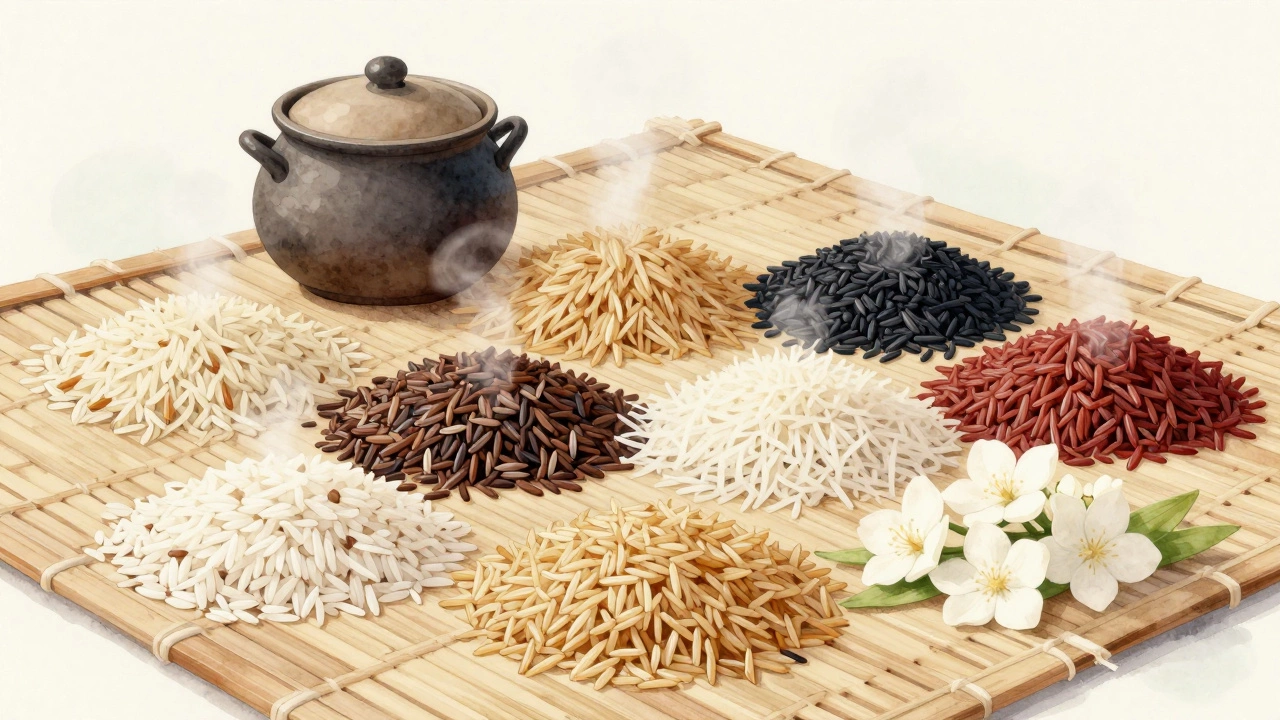 Seven varieties of rice arranged in colorful piles on a bamboo mat with gentle steam rising.