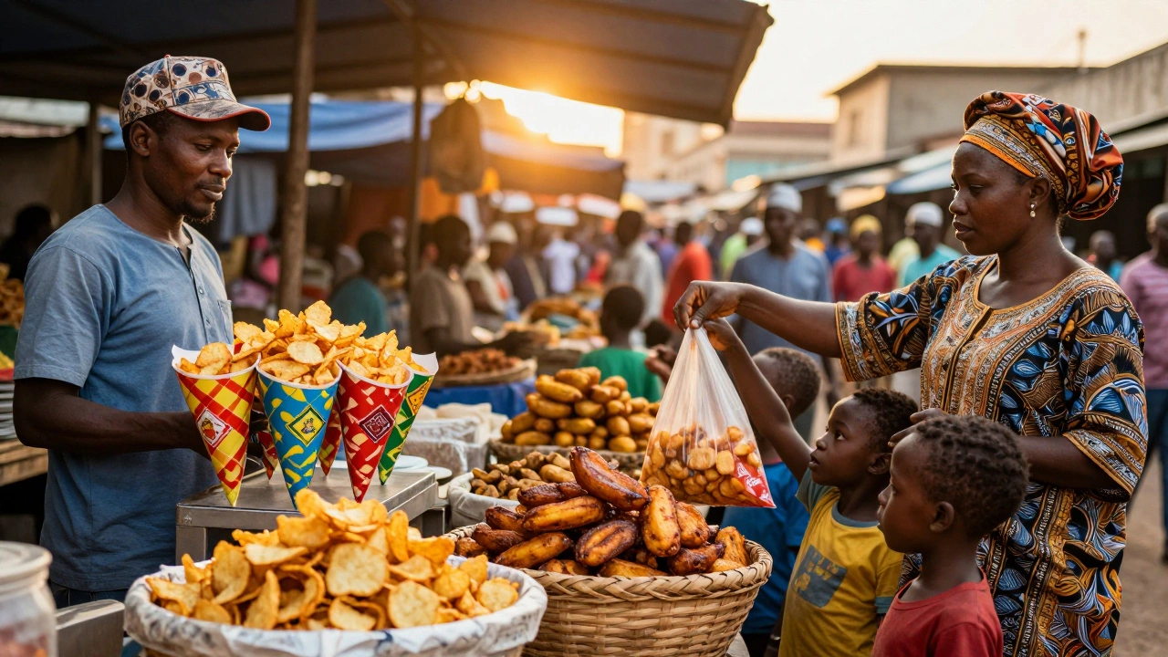 Street vendor selling potato chips in Lagos market at sunset