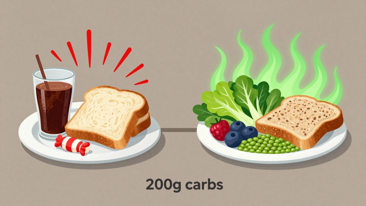 Two contrasting plates: processed carbs with warning signs vs. whole-food carbs with energy waves.