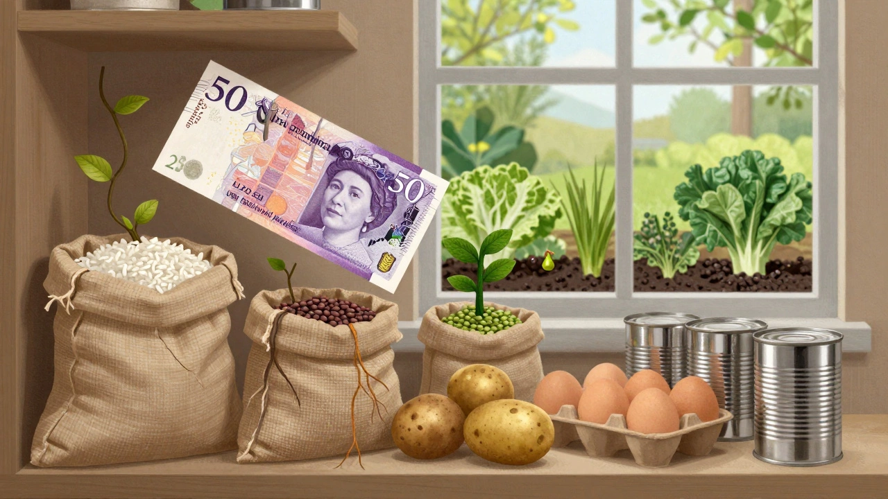 £50 bill turning into pantry staples and growing into a garden, symbolizing food empowerment.