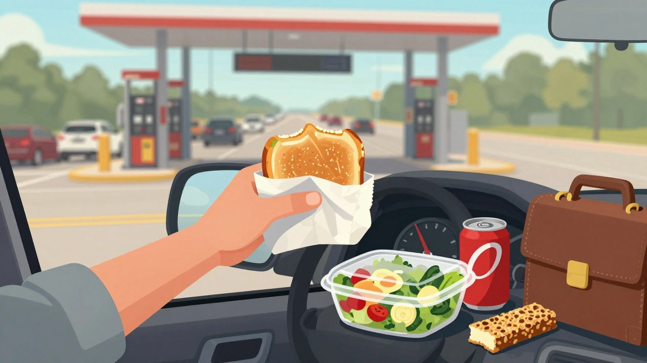 A hand grabbing a gas station sandwich from a car window with salad kit and soda on the dashboard.