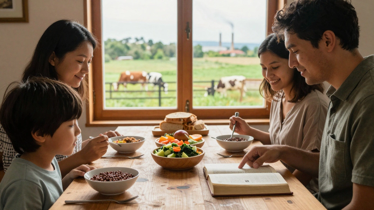 A modern family eating plant-based food with an open Bible showing Genesis 1:29, overlooking a green farm.