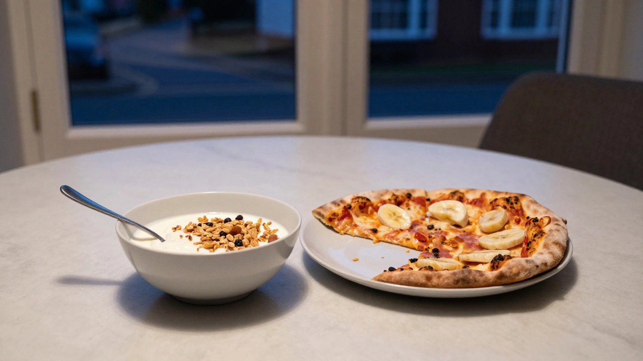 A simple dinner of yogurt with granola and banana beside cold pizza on a quiet night table.