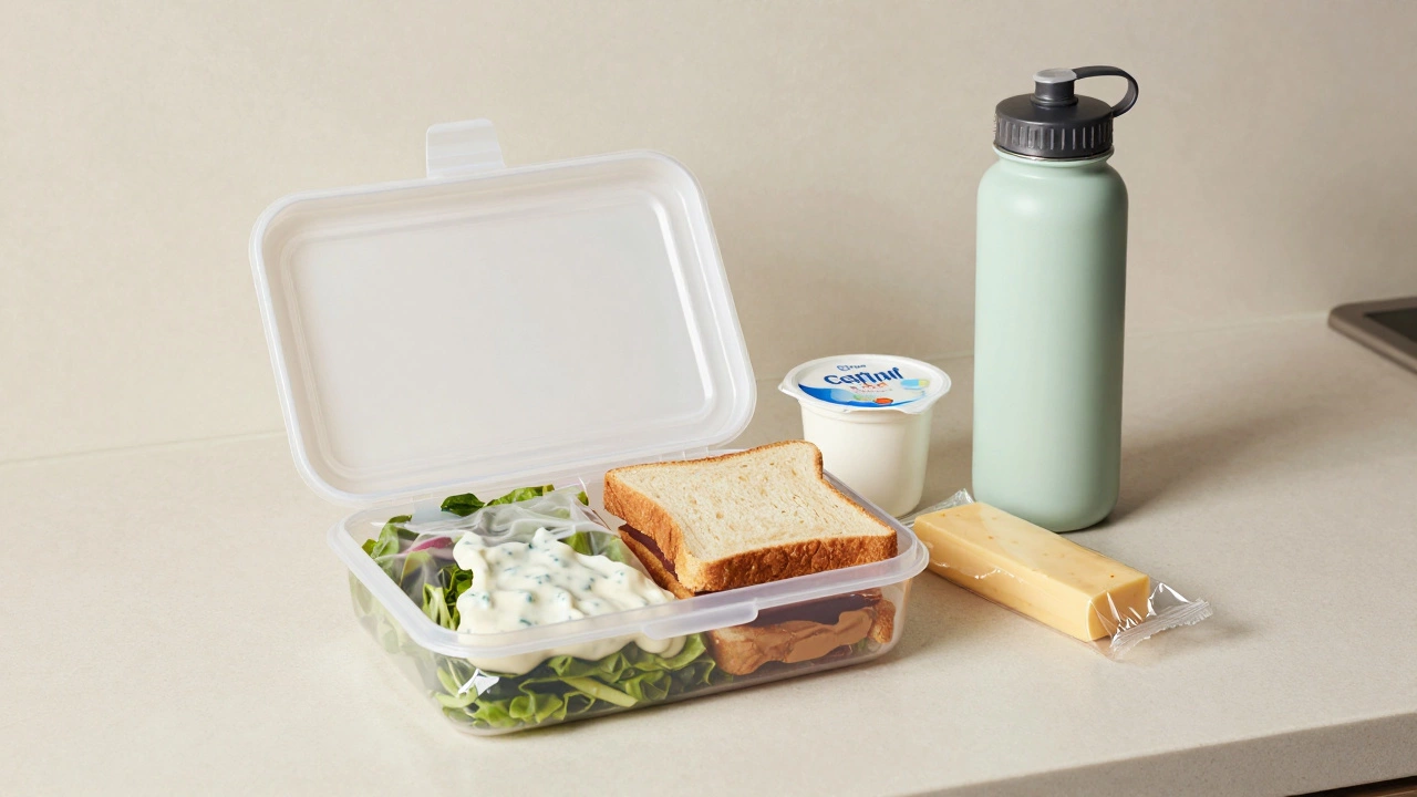 A simple lunchbox with salad, sandwich, yogurt, and cheese.