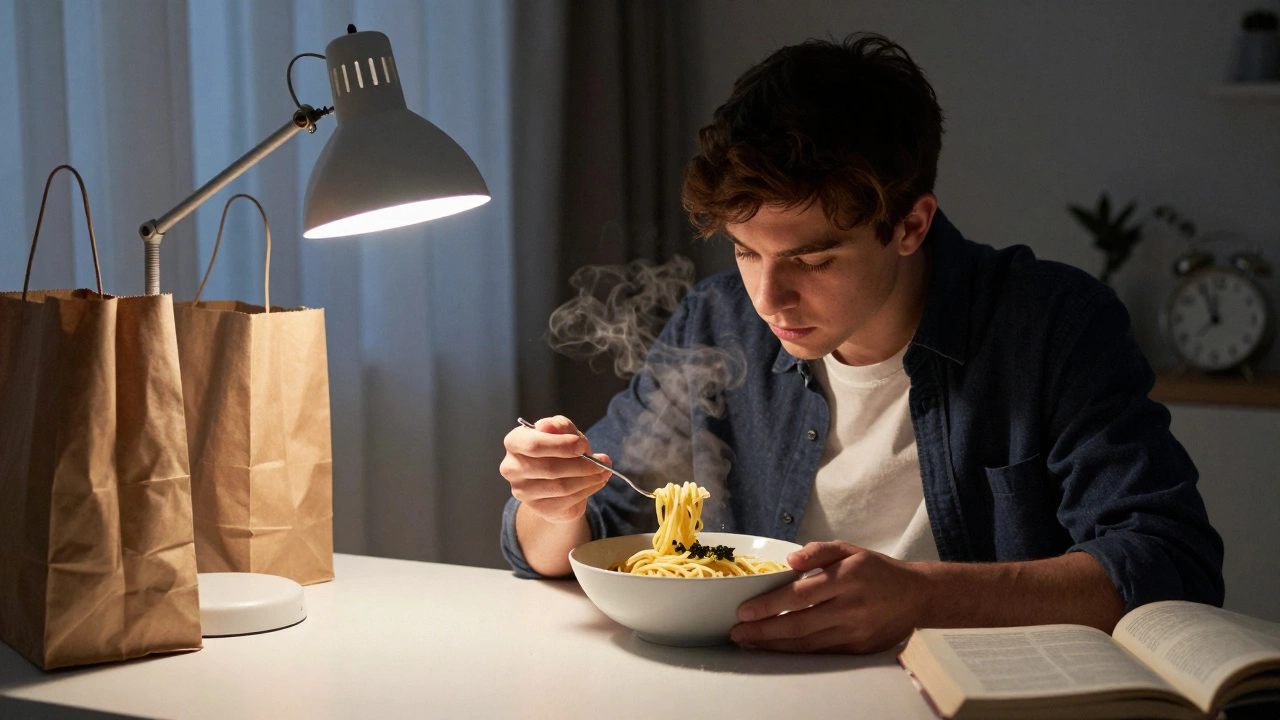 A tired student eating simple pasta at a small apartment table under a single lamp.