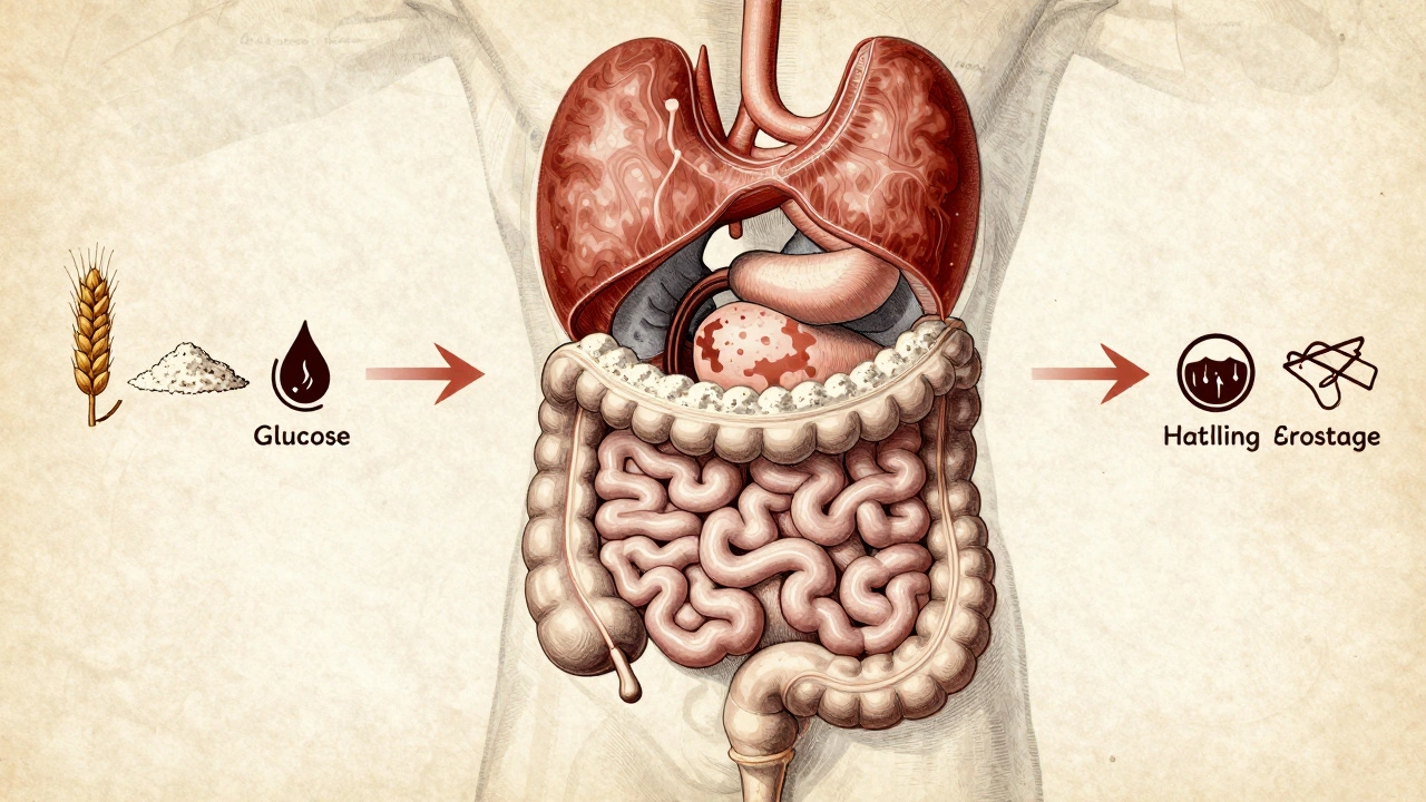 Anatomical drawing showing wheat flour turning into glucose and triggering insulin spikes.