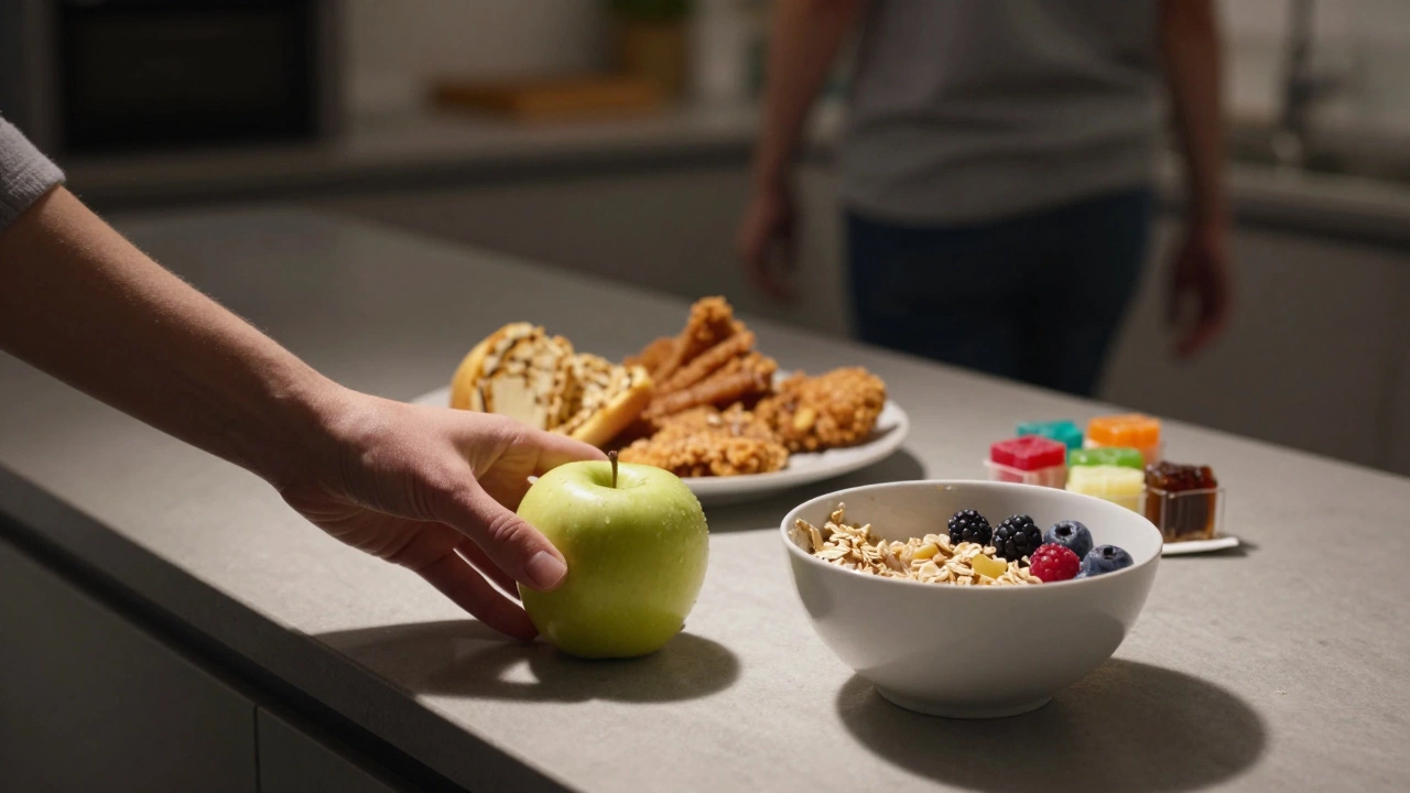Apple placed beside oatmeal on counter, with blurred unhealthy snacks in background.