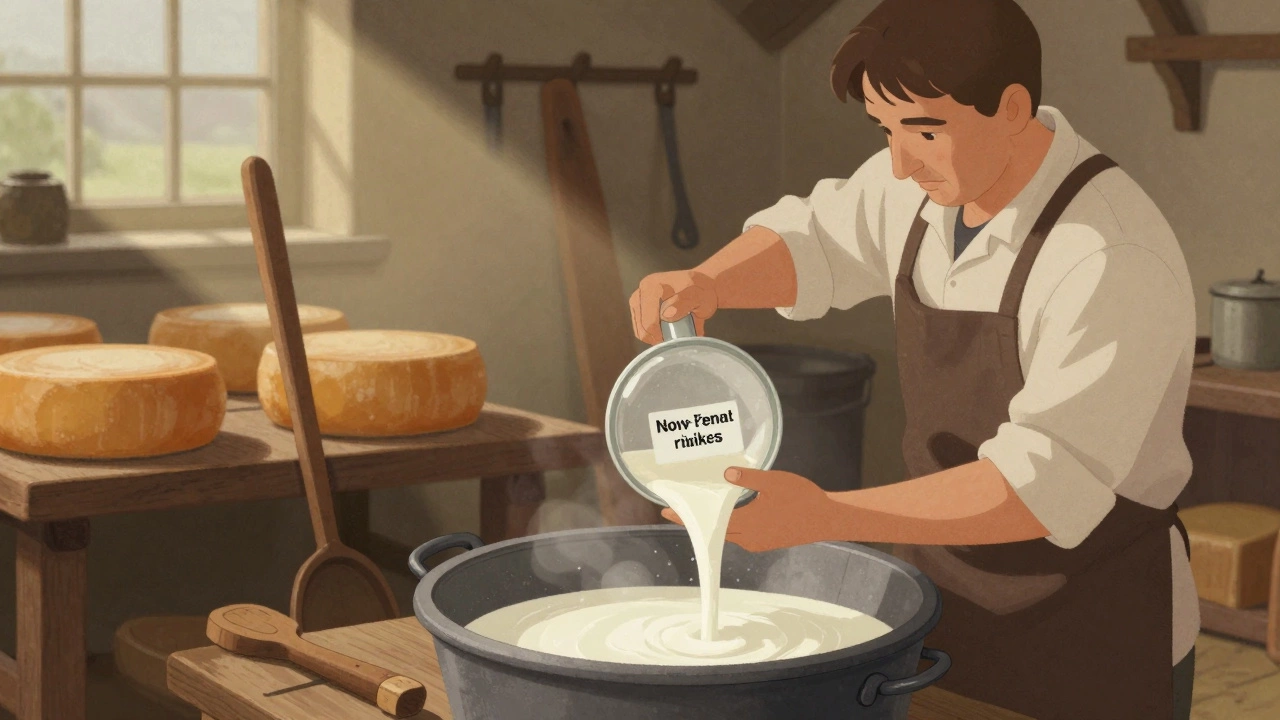 Cheesemaker using microbial rennet in a traditional British dairy workshop.