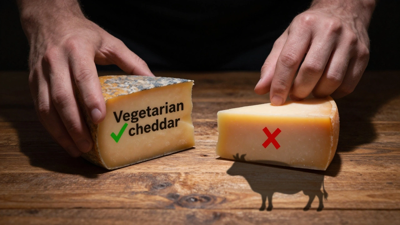 Contrasting vegetarian and non-vegetarian cheeses with symbolic lighting.