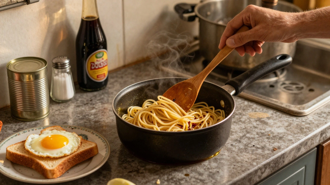 Garlic oil pasta cooking in a pot with a fried egg and toast on the side, pantry staples nearby.