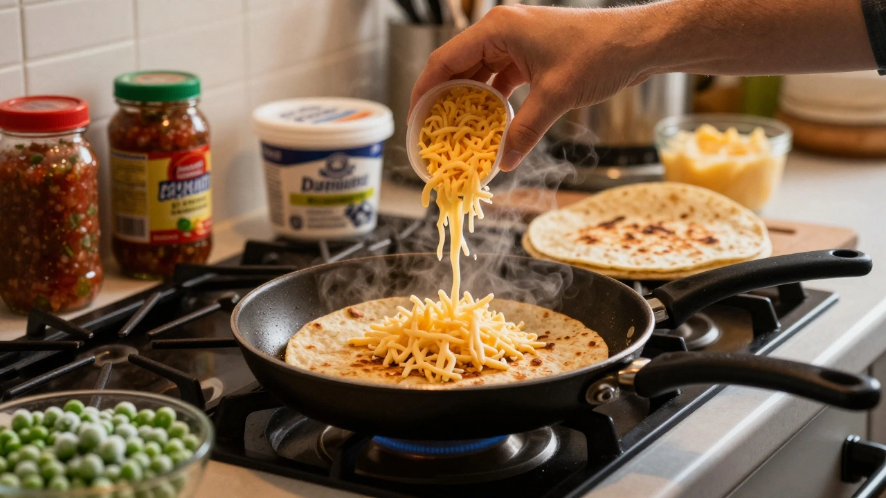 Hand adding cheese to a tortilla on a stovetop, with salsa and frozen peas nearby.