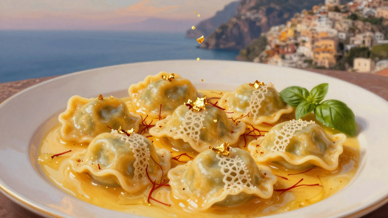 Handmade lobster ravioli in saffron cream with edible gold leaf and basil.