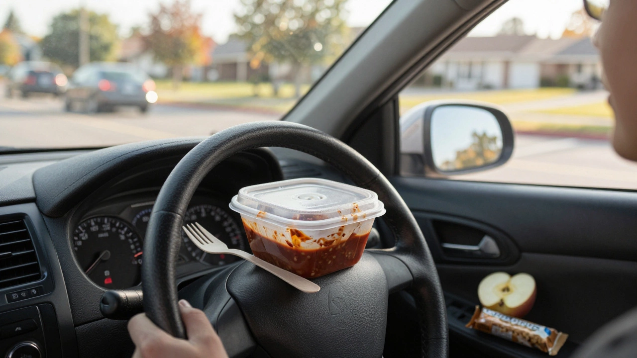 Leftover chili and fruit in a car at lunchtime.