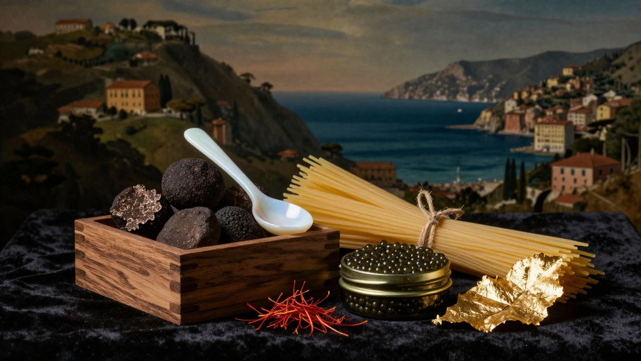 Luxury pasta ingredients: truffle, caviar, saffron, and gold leaf arranged artistically.