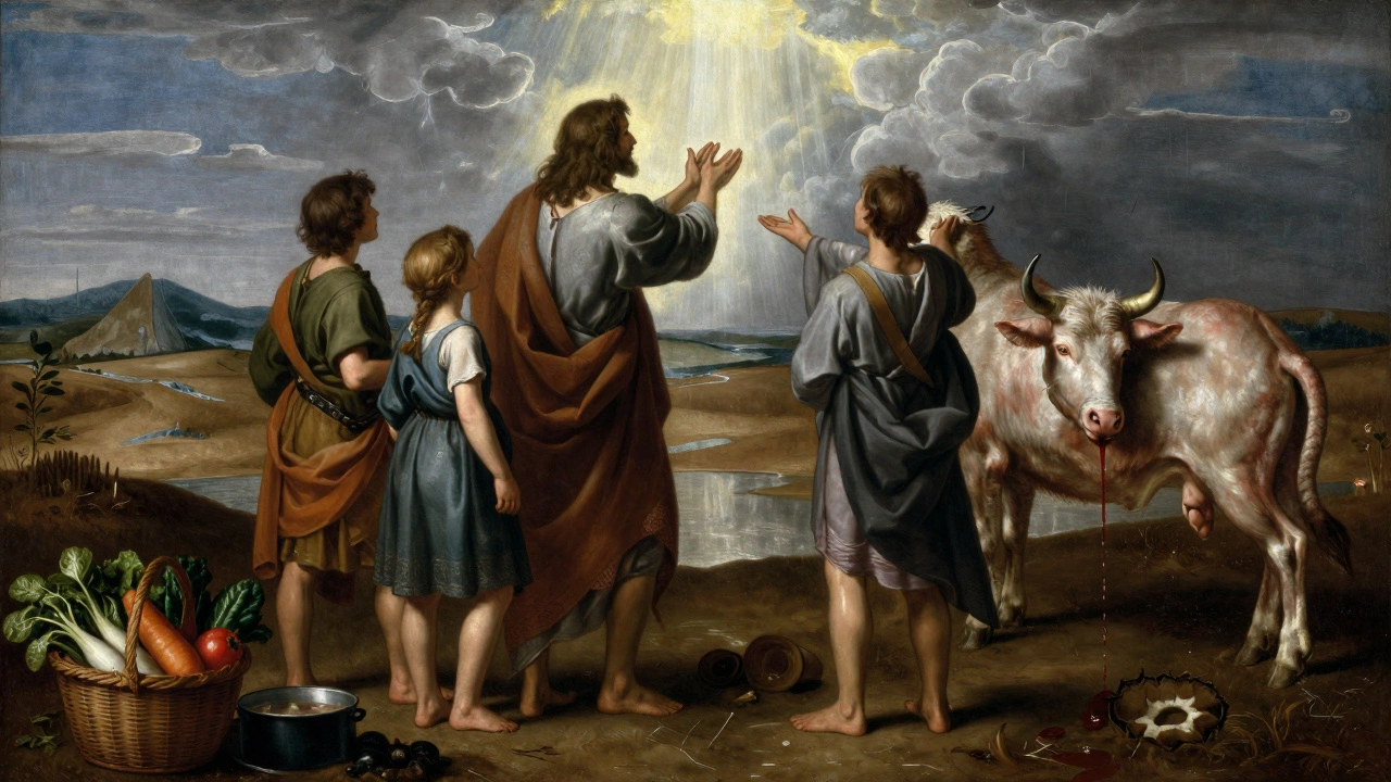 Noah and his family after the Flood, with a slaughtered animal and vegetables beside them under a brooding sky.