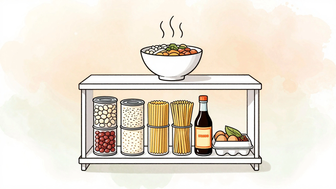 Pantry staples arranged as building blocks forming a steaming bowl of simple, nourishing food.