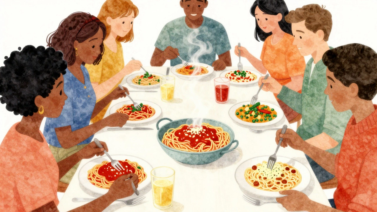 People from different cultures sharing various pasta dishes at a shared dinner table.