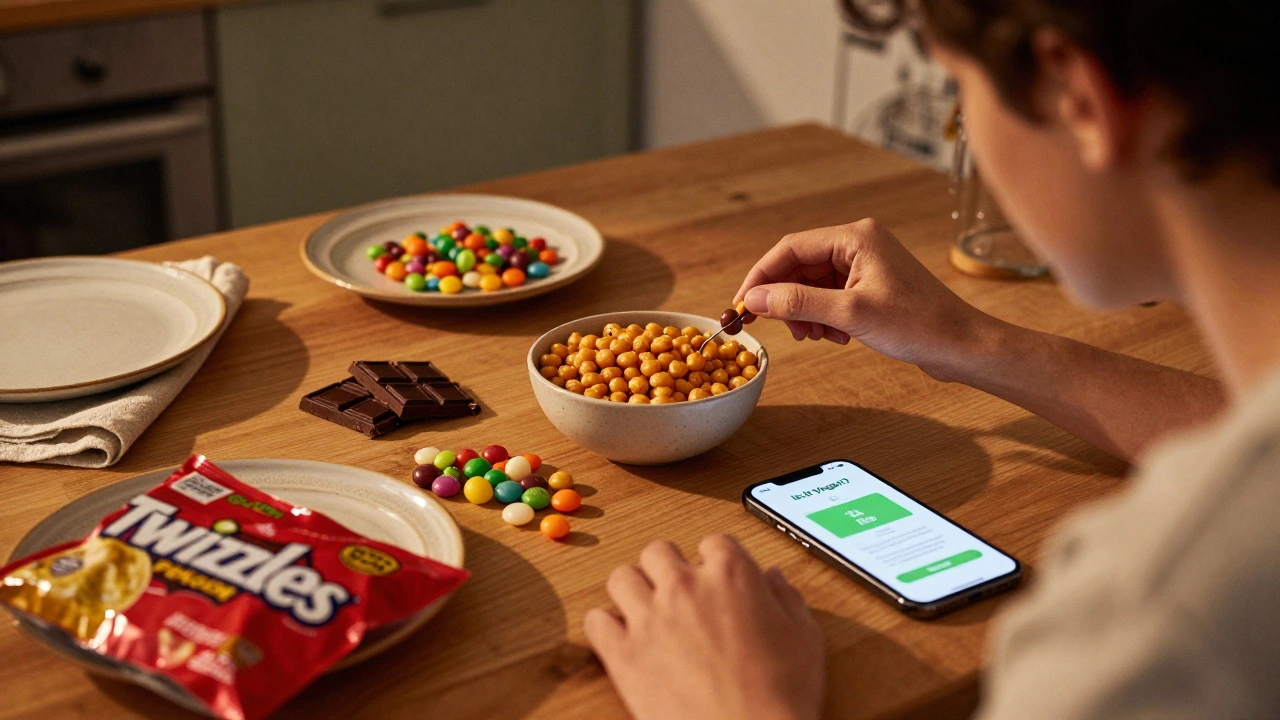 Person enjoying vegan snacks at a kitchen table with a vegan app on their phone