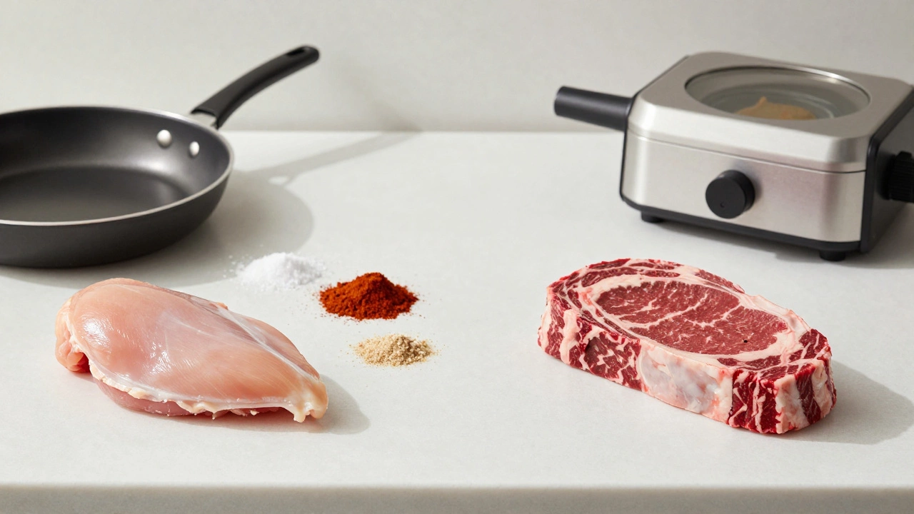 Simple chicken breast with basic seasonings beside a complex beef setup, highlighting easy home cooking.