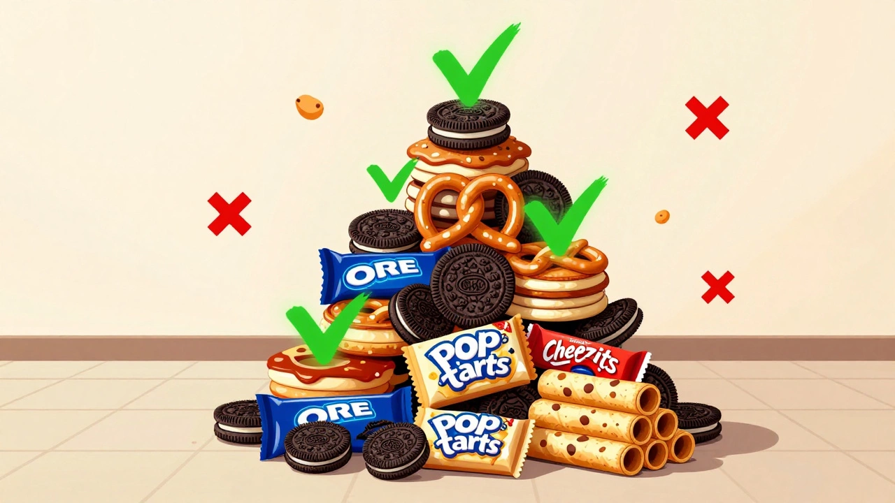 Surreal pyramid of vegan junk food with checkmarks over safe snacks