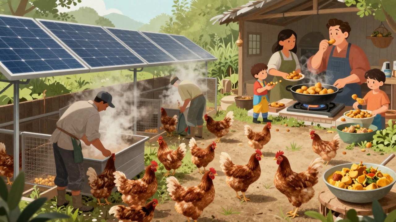 Sustainable chicken farm with solar panels and a family cooking curry, blending tradition and innovation.