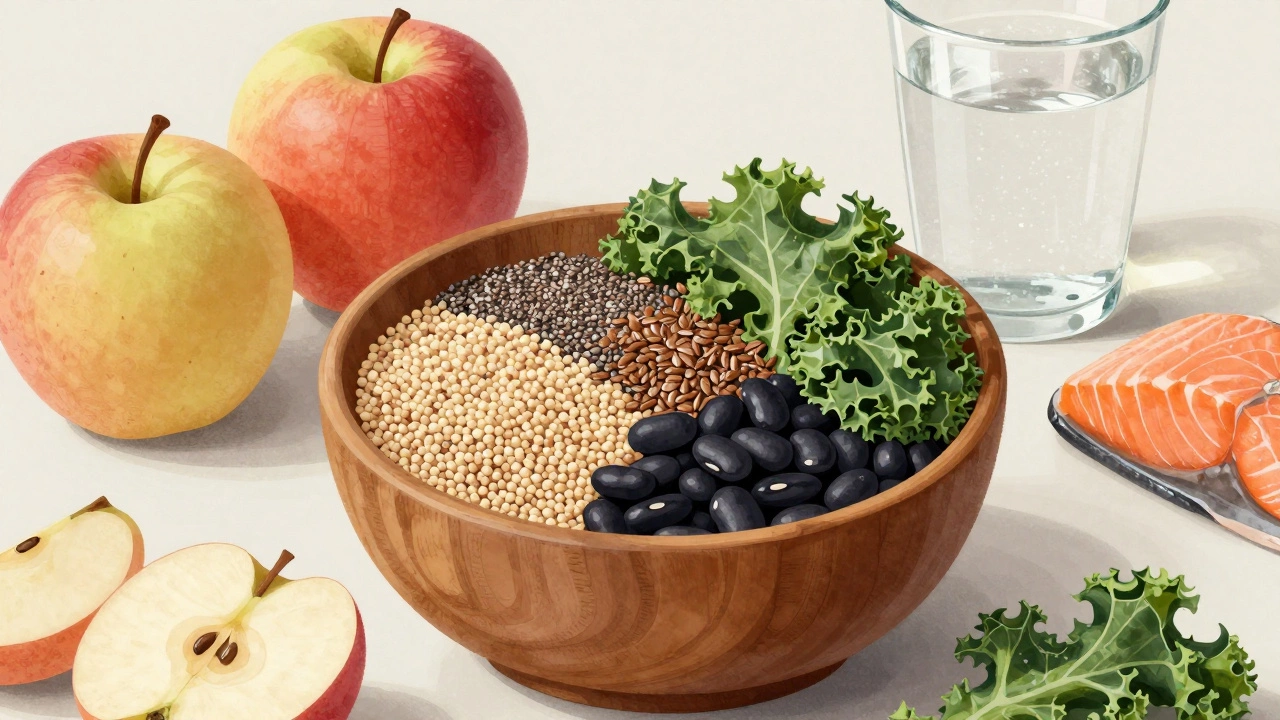 Wooden bowl with beans, quinoa, kale, chia seeds, flaxseeds, apple, and salmon.