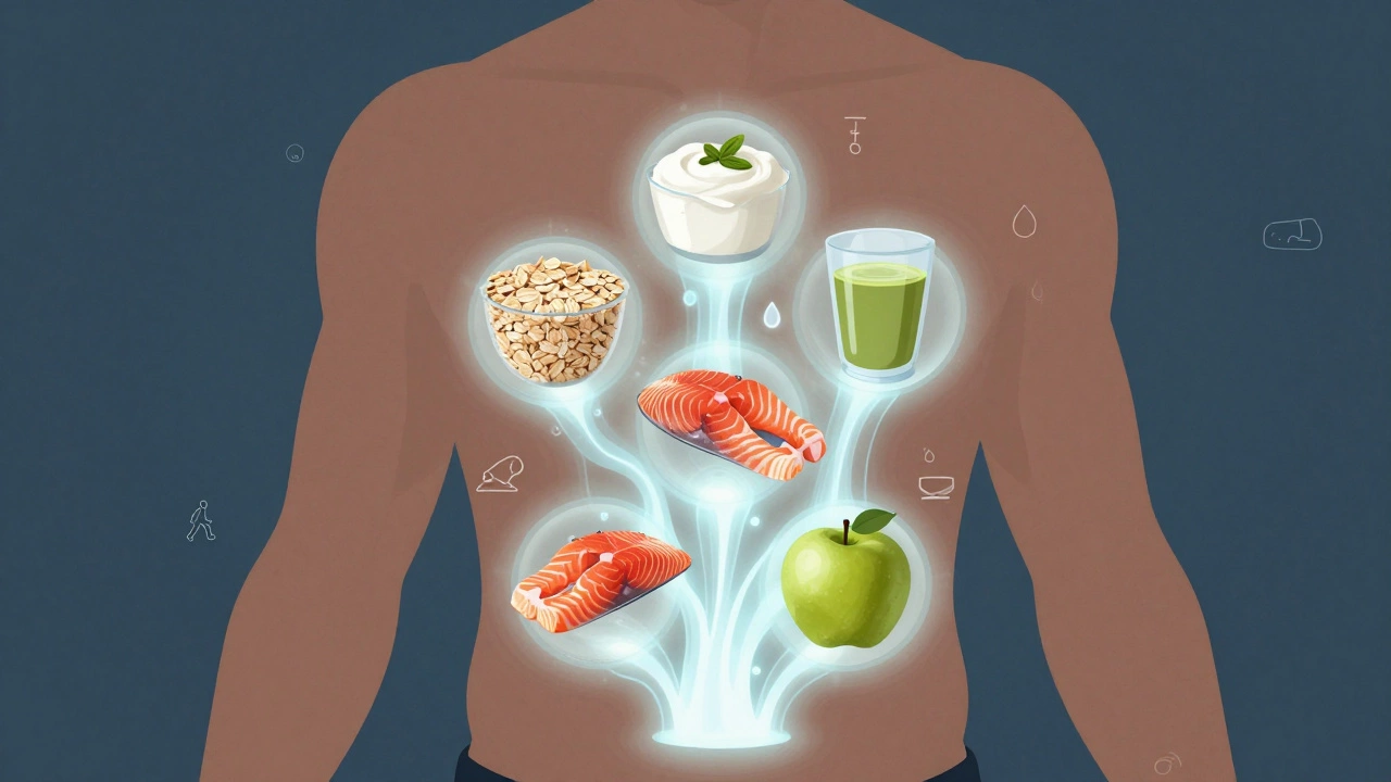 A glowing human torso with five foods as energy sources flowing into the abdomen, symbolizing fat burning.