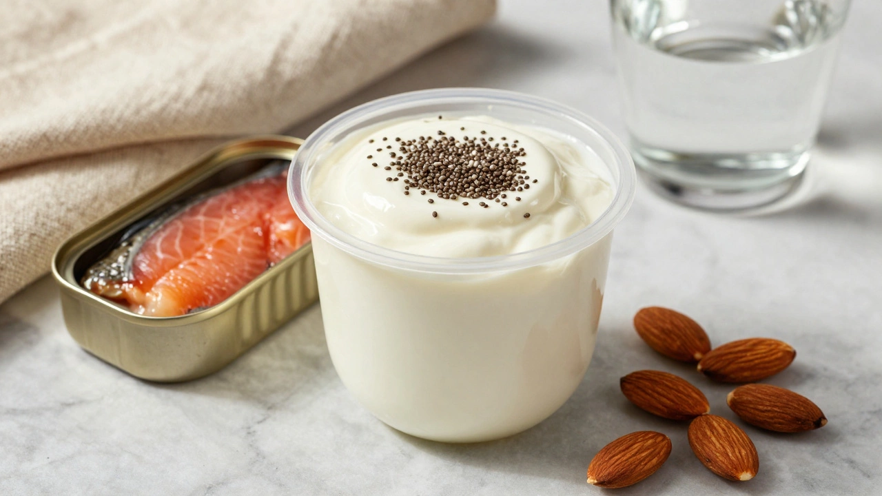 A Greek yogurt cup with chia seeds, canned salmon, and almonds on a marble surface with water and a napkin.