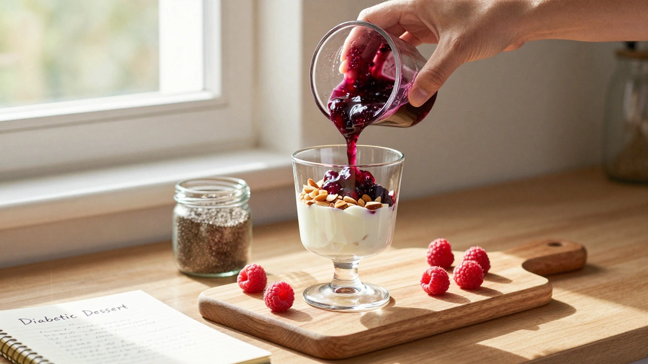 A hand layering berry chia jam with Greek yogurt and almonds in a glass parfait cup.