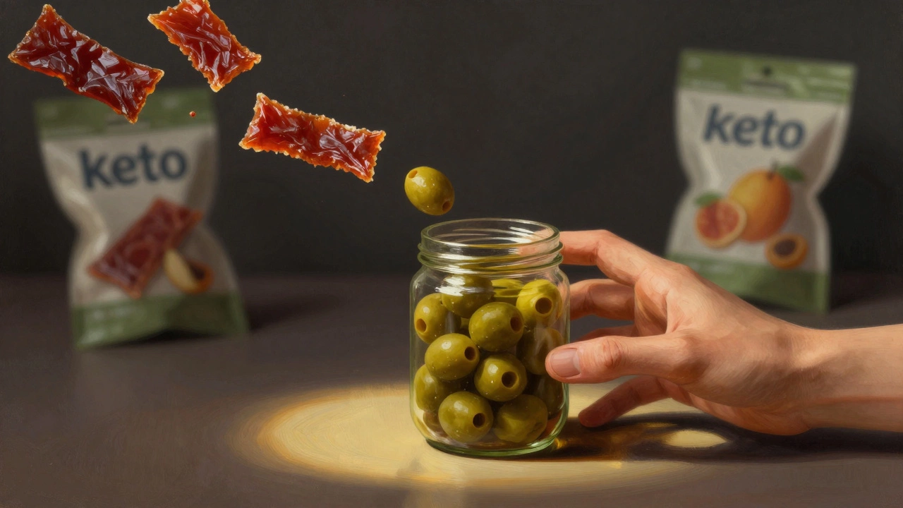 A hand selecting plain olives while unhealthy snacks fade in the background.