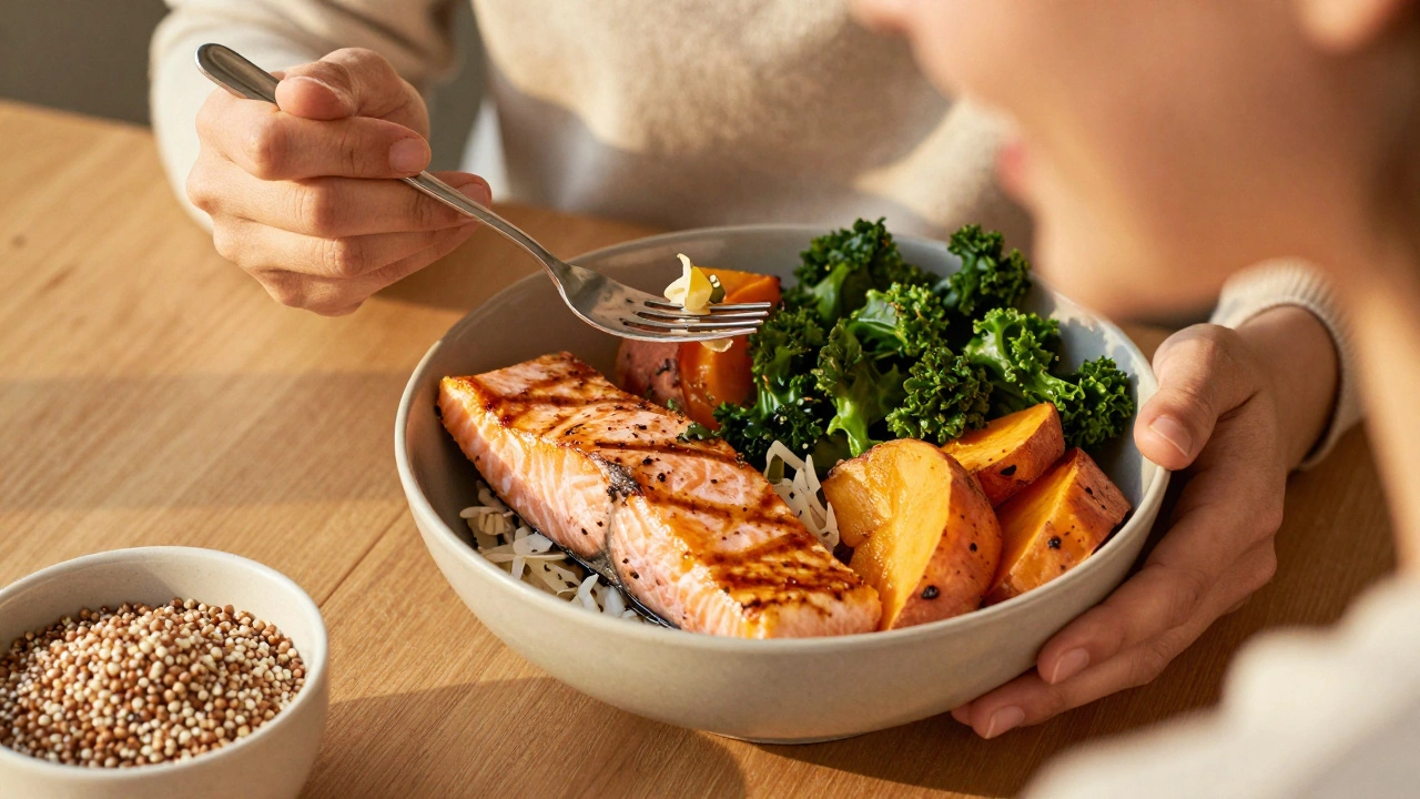 A person enjoying a nutritious gluten-free meal with fresh vegetables and whole grains.
