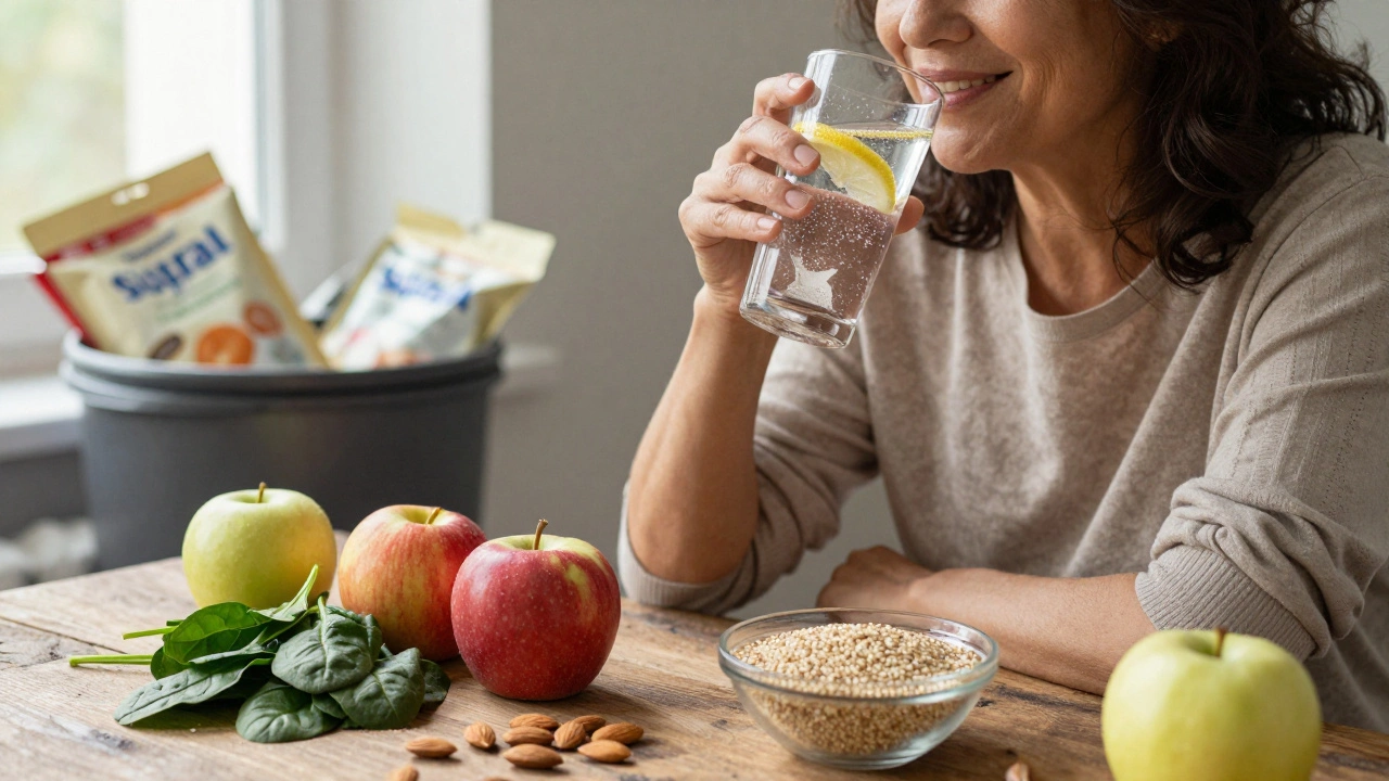 A smiling woman drinking sparkling water surrounded by fresh whole foods, with sugary packaging discarded in the background.