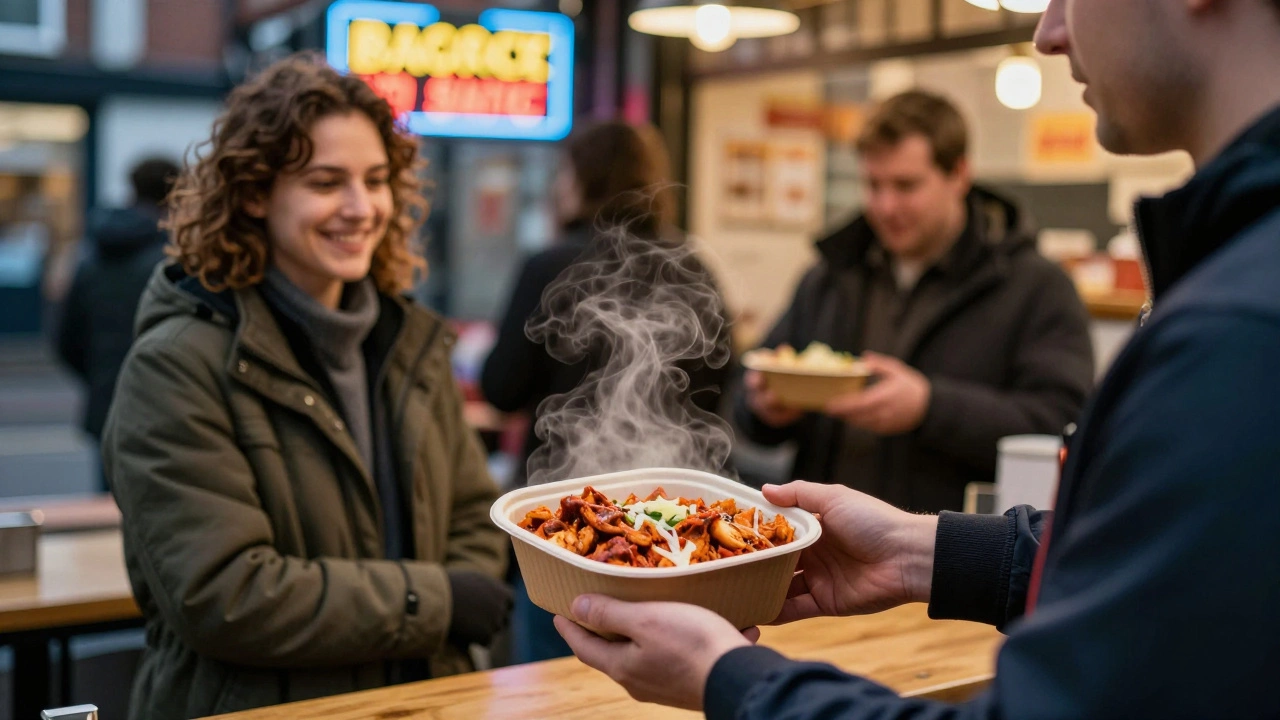 A takeaway worker handing Chicken Tikka Masala to a customer in a cozy UK shop at dusk.