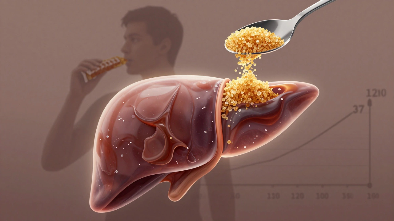 A translucent liver overwhelmed by fat buildup as sugar crystals pour into it, with a timeline of rising sugar consumption in the background.