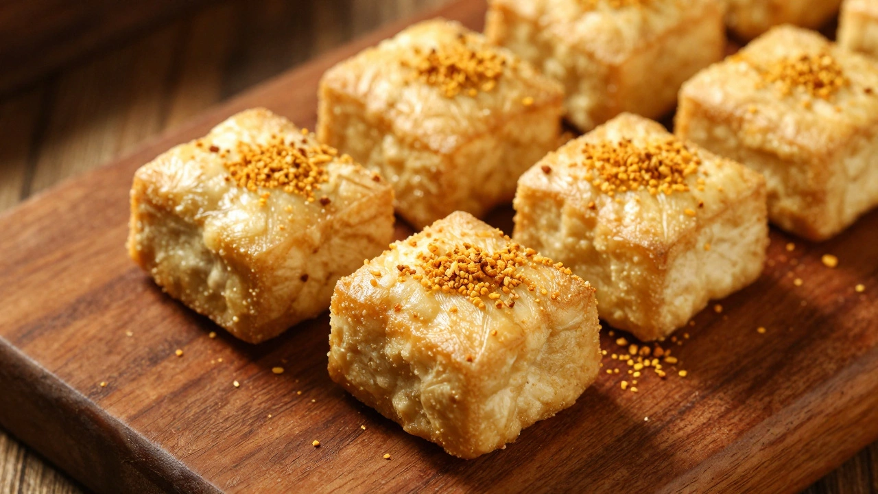 Crispy baked tofu bites sprinkled with nutritional yeast on wooden board.