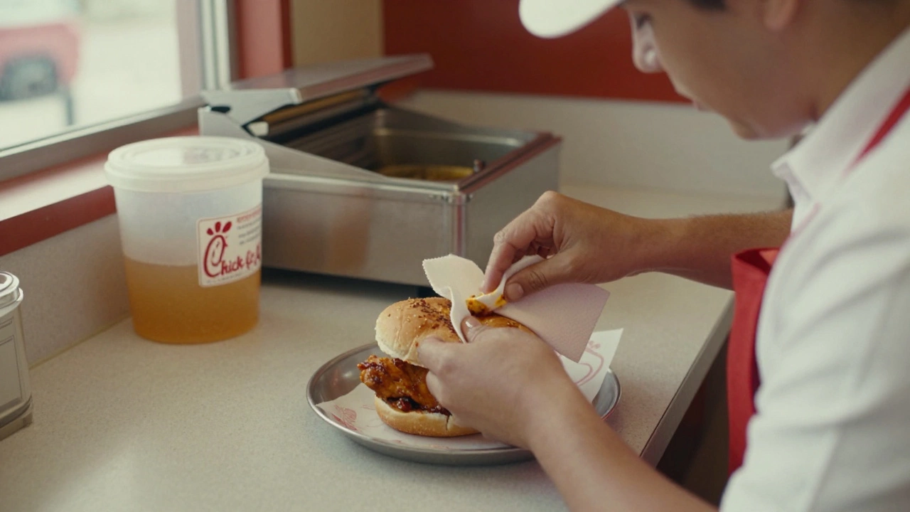 Diner worker drying brined chicken before frying, with brine tub and fryer visible in background.