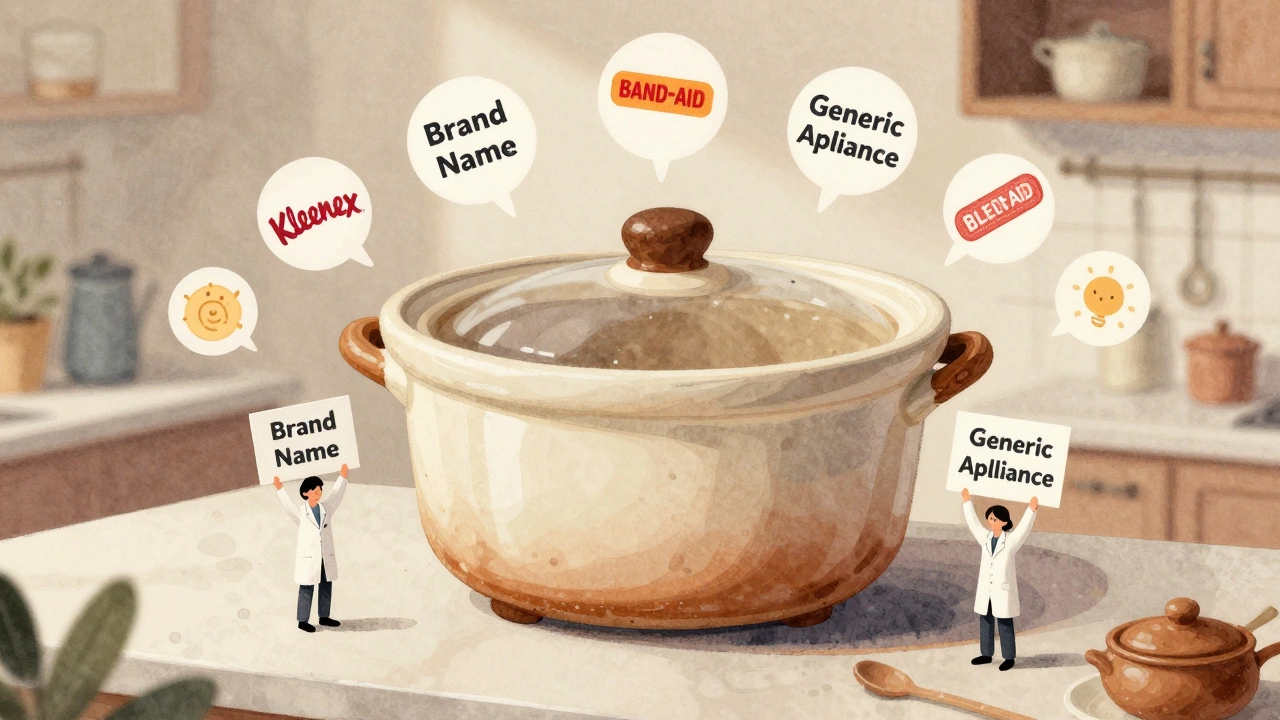 Floating ceramic pot with symbolic labels comparing brand names to generic terms, in soft watercolor style.