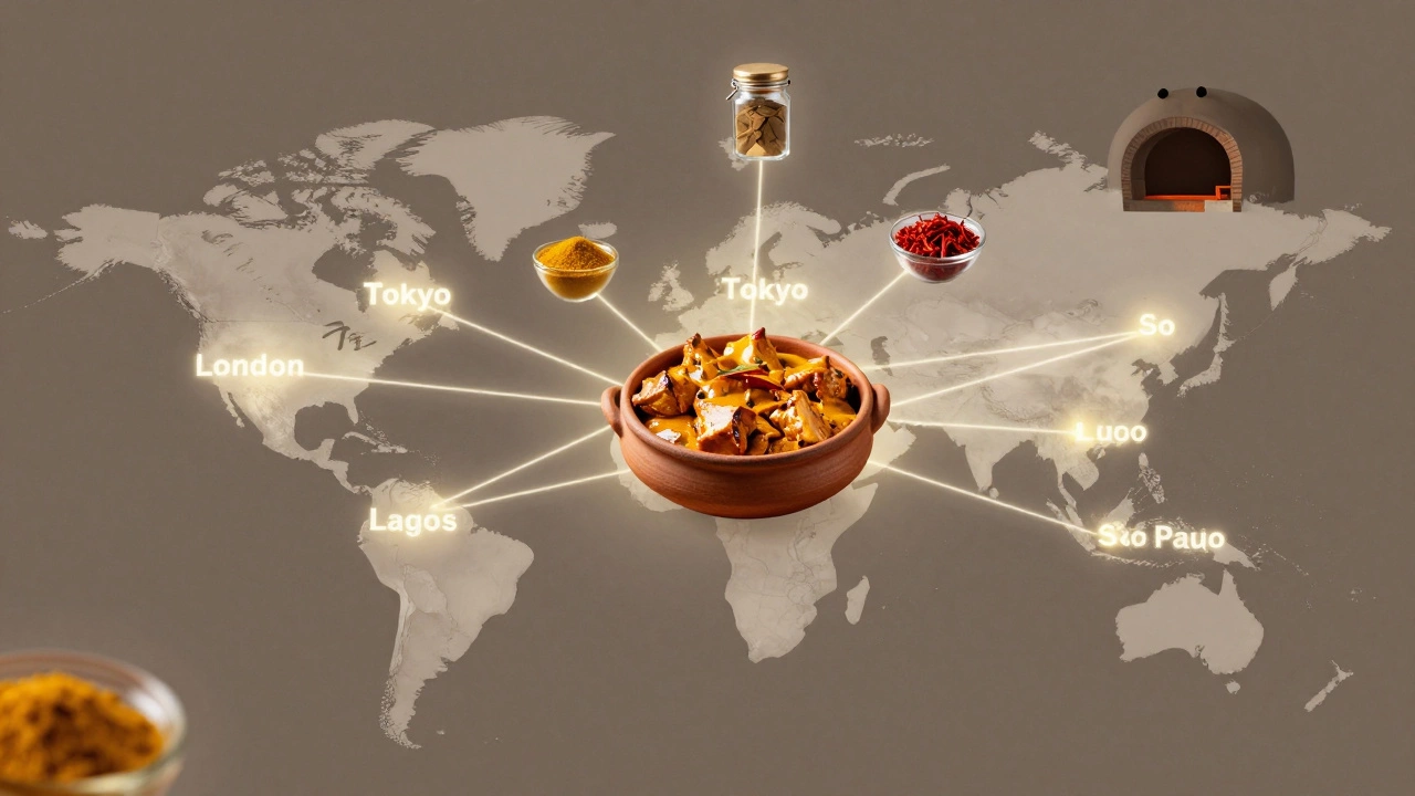 Global map with glowing connections to a central dish of Chicken Tikka Masala and floating spices.