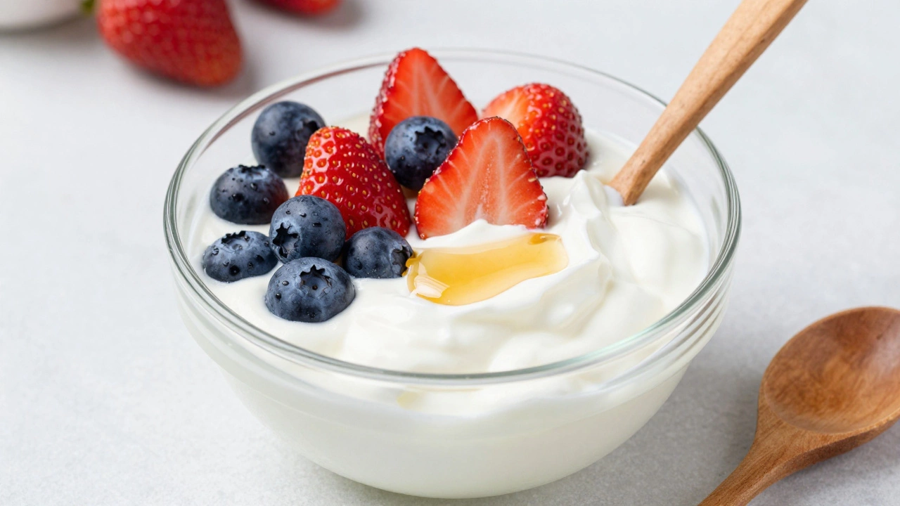 Greek yogurt with berries and honey drizzle in a glass bowl.